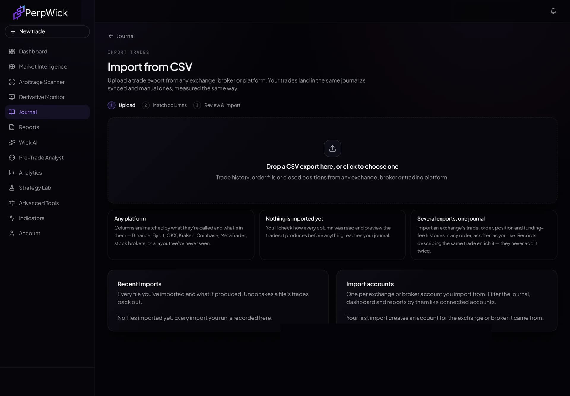 Importing trades into the journal from an exchange CSV export