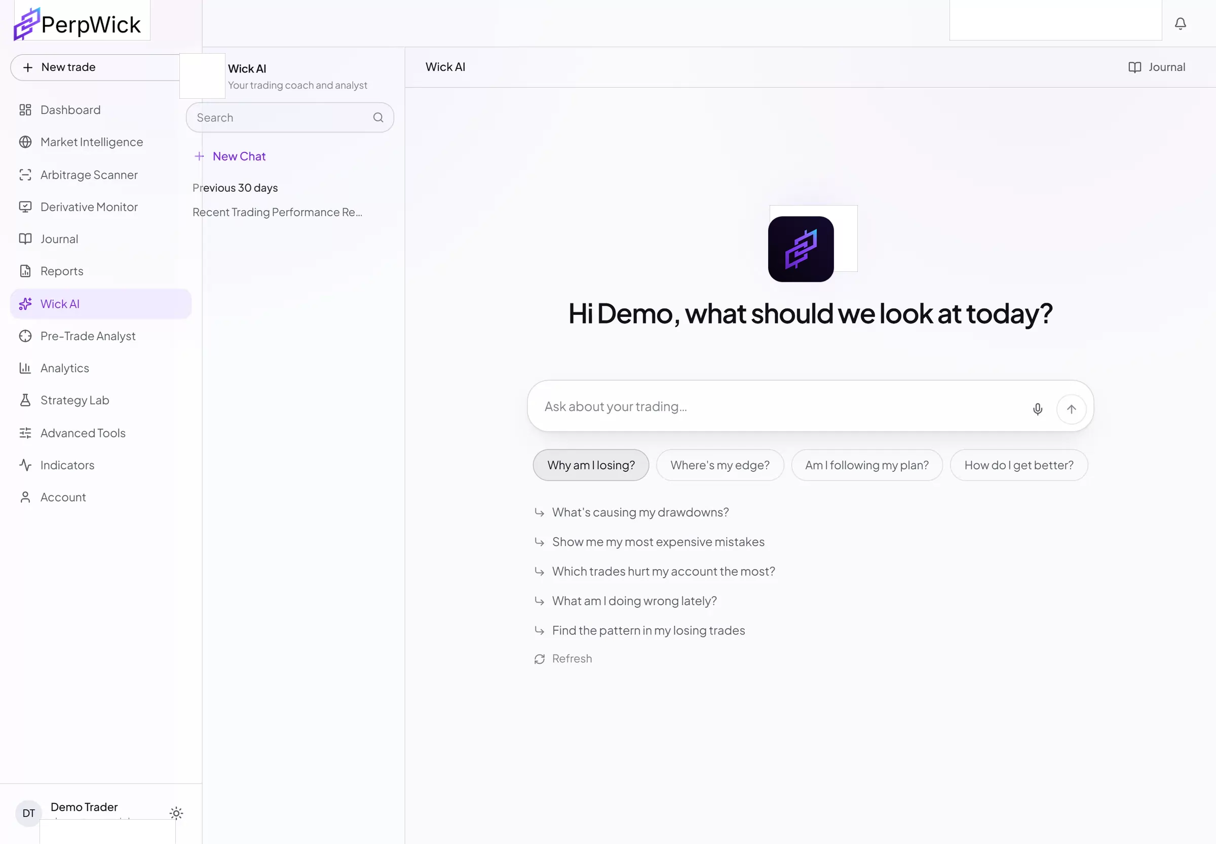 Wick AI's opening screen: what stands out in recent trading, and questions it can answer about the journal